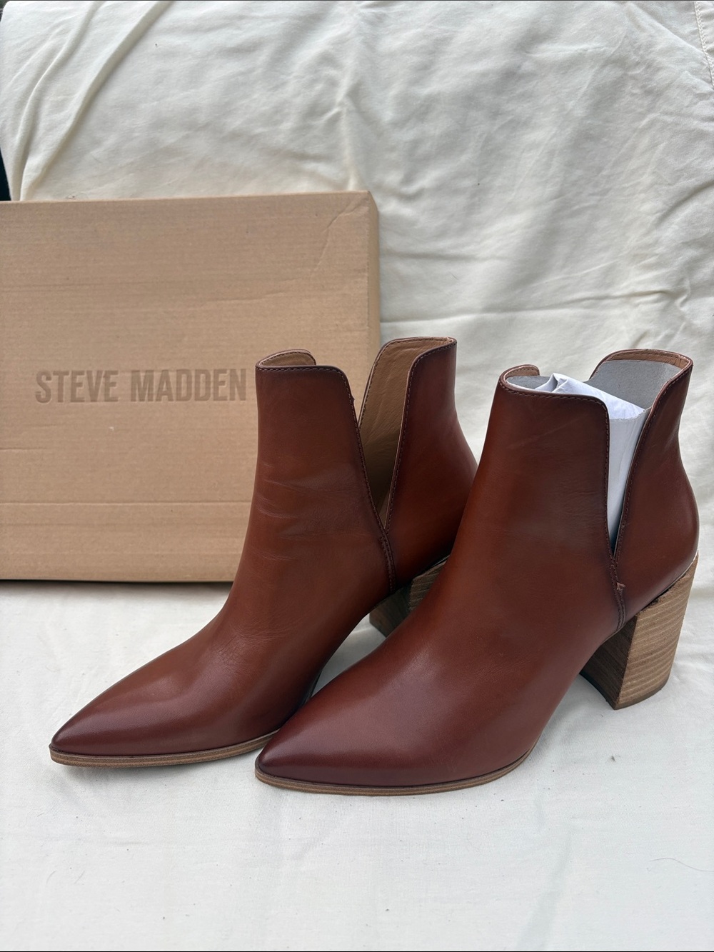 Cognac Leather Stacked Heel Ankle Booties